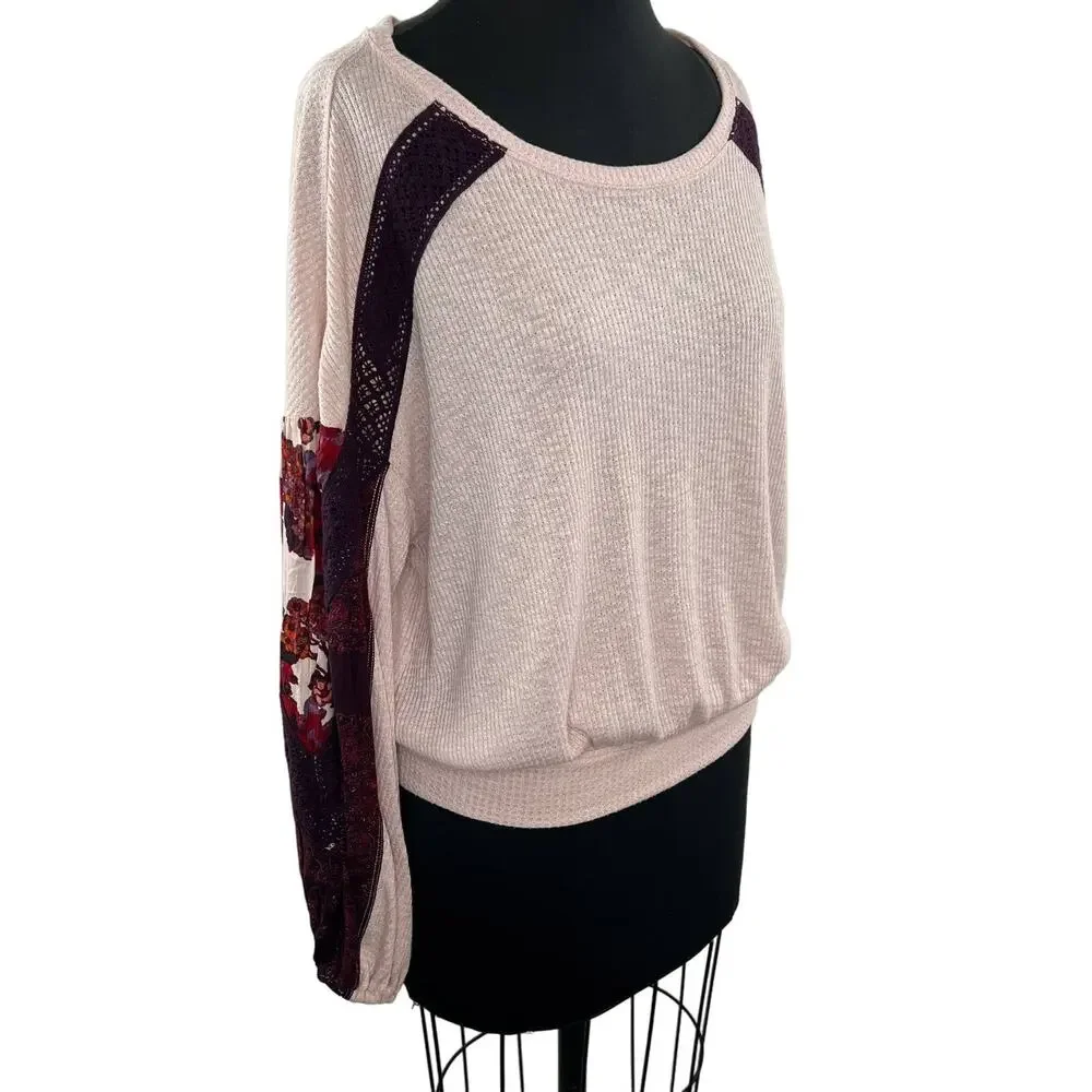 FREE PEOPLE Casual Clash Top Rose Pink Long Puff Sleeves Floral Lace Relaxed S